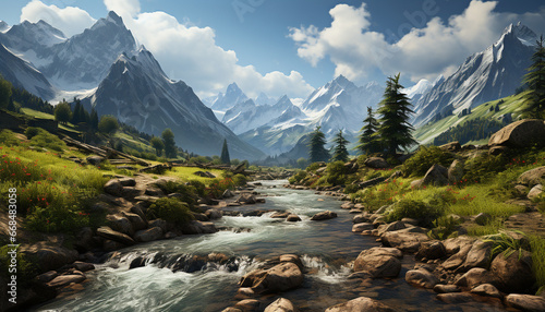 Majestic mountain range reflects tranquil sky in panoramic landscape generated by AI