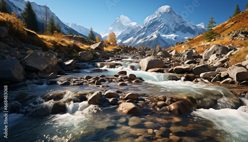 Majestic mountain peak, tranquil scene, flowing water, wilderness exploration generated by AI