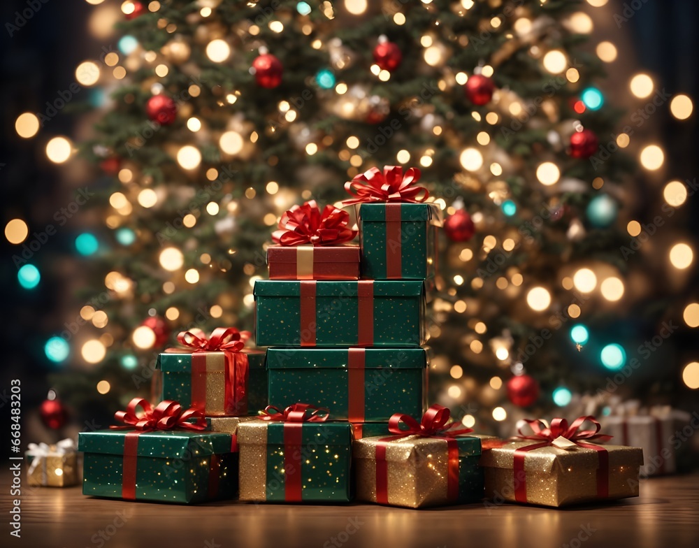 Stack of christmas gift boxes on the background of the Christmas tree Stack of christmas gift boxes on the background of the Christmas tree