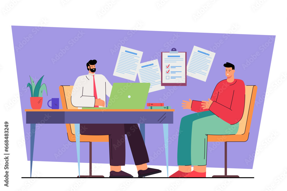 HR specialist interviewing young man, asking questions, reviewing CV for vacant role. Vector illustration. Job interview and HR concept.