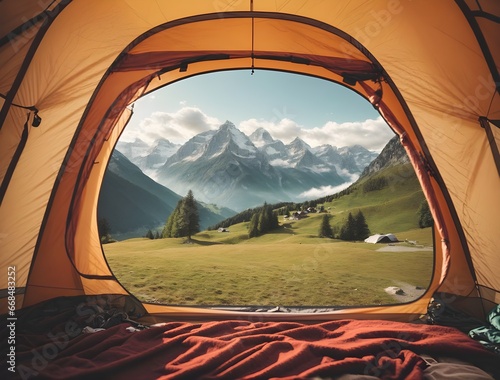 Camping in the mountains. View from the window of a tourist tent.