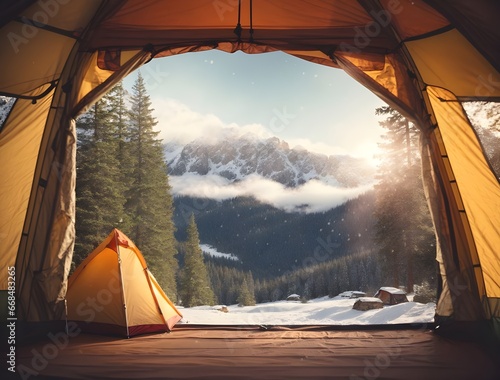 Camping in the mountains with a view of the snow-capped peaks photo