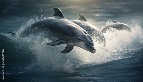 Playful dolphins jumping in the blue water  creating splashing waves generated by AI