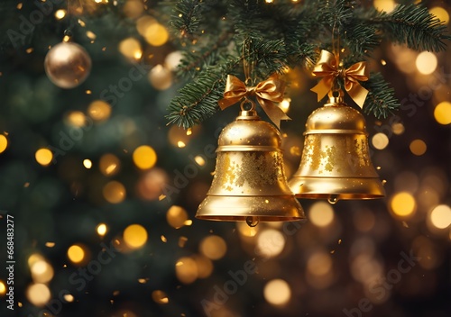 Christmas tree with golden balls and bokeh lights on background.