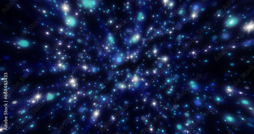 Abstract blue background of small round bokeh particles, beautiful holiday snowflakes, magical snow, energetic bright glowing cosmic stars Abstract blue background of small round bokeh particles, beautiful holiday snowflakes, magical snow, energetic bright glowing cosmic stars