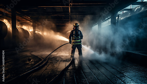 One firefighter spraying water on burning factory, protecting against danger generated by AI
