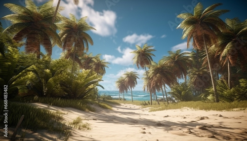 Tropical palm trees sway  waves crash  creating a tranquil paradise generated by AI