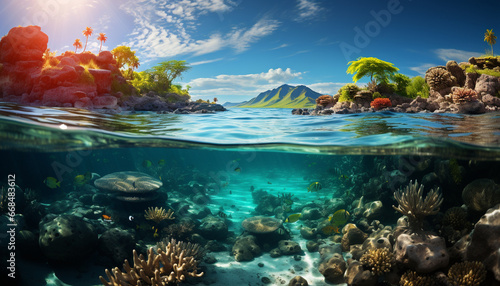 Underwater fish swim below the deep blue tropical reef generated by AI © Jemastock