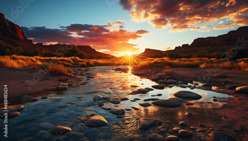 Majestic mountain range reflects tranquil sunset on water generated by AI © Jemastock