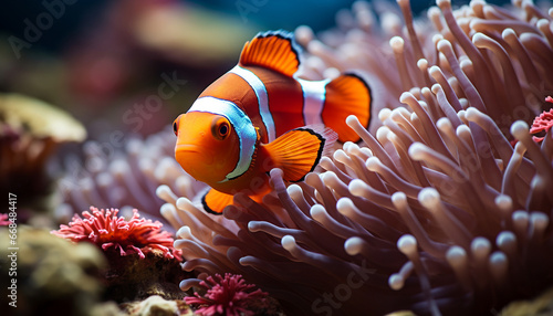 Vibrant clown fish swim among colorful coral in the reef generated by AI © Jemastock