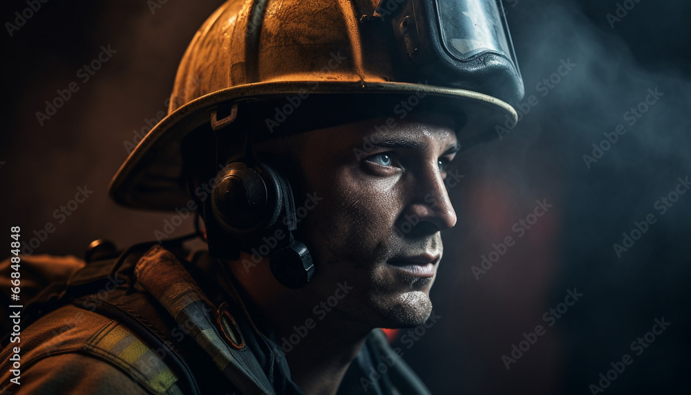 Caucasian man in helmet working outdoors with protective workwear generated by AI Caucasian man in helmet working outdoors with protective workwear generated by AI