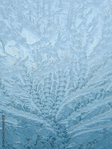 Beeindruckende Eisblumen am Fenster nach einer frostigen Nacht im Winter