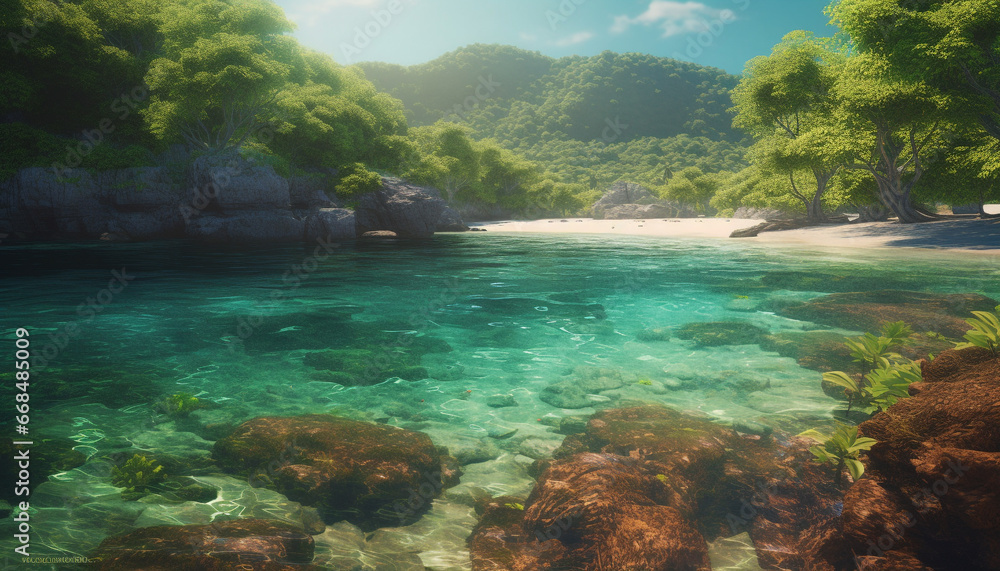 Summer travel to tropical coastline, a tranquil scene of beauty generated by AI