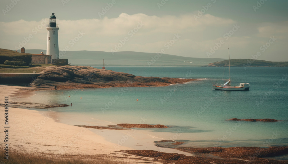 Coastline, water, sand, landscape, blue, outdoors, travel, nautical vessel, summer generated by AI
