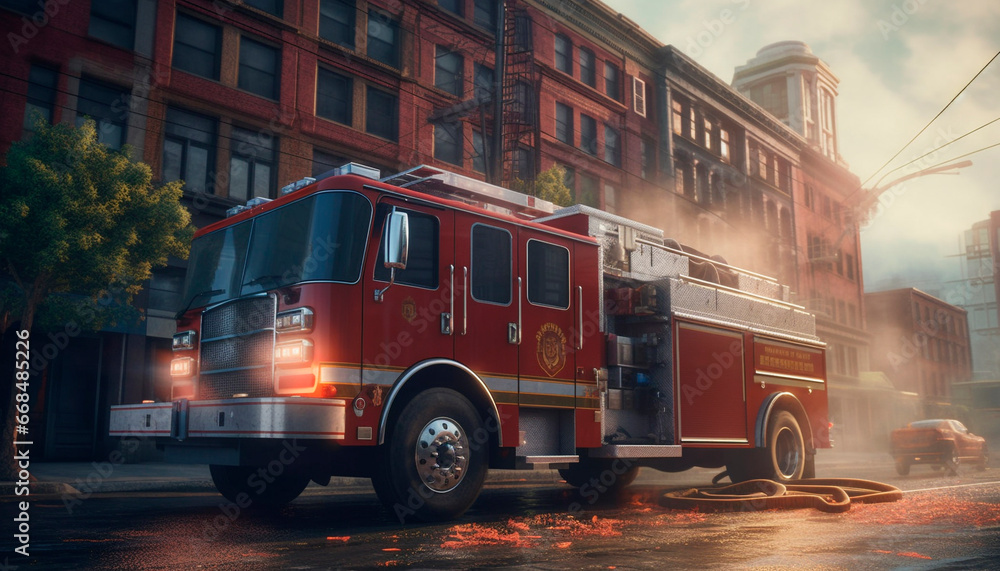 Fire engine speeding to rescue burning building, siren blaring generated by AI - obrazy, fototapety, plakaty 