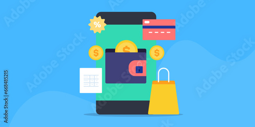 Digital wallet app on mobile screen, online shopping with banking payment application using credit card and discount coupon, financial technology conceptual vector illustration.