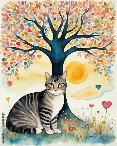 Fotografia Watercolor painting of a cat sitting at a tree on a hill