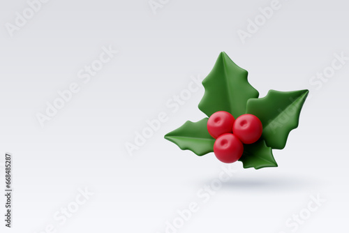 3d Vector Holly Branch with Red Berries Christmas, Merry Christmas or New Year greeting concept.