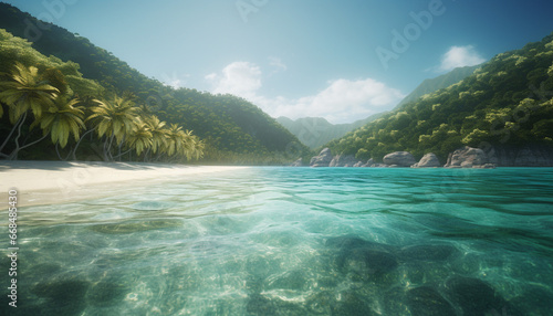 Summer vacations tropical climate, green forest, blue water, sandy coastline generated by AI
