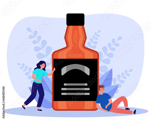 Drunk man and woman near huge bottle of alcoholic drink. Flat vector illustration. Harm of alcohol concept