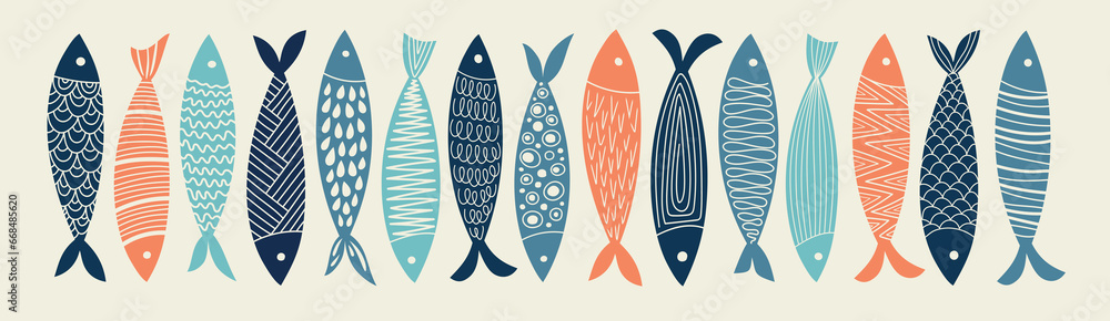Set of colorful fish. Vector hand drawn illustration. - obrazy, fototapety, plakaty 