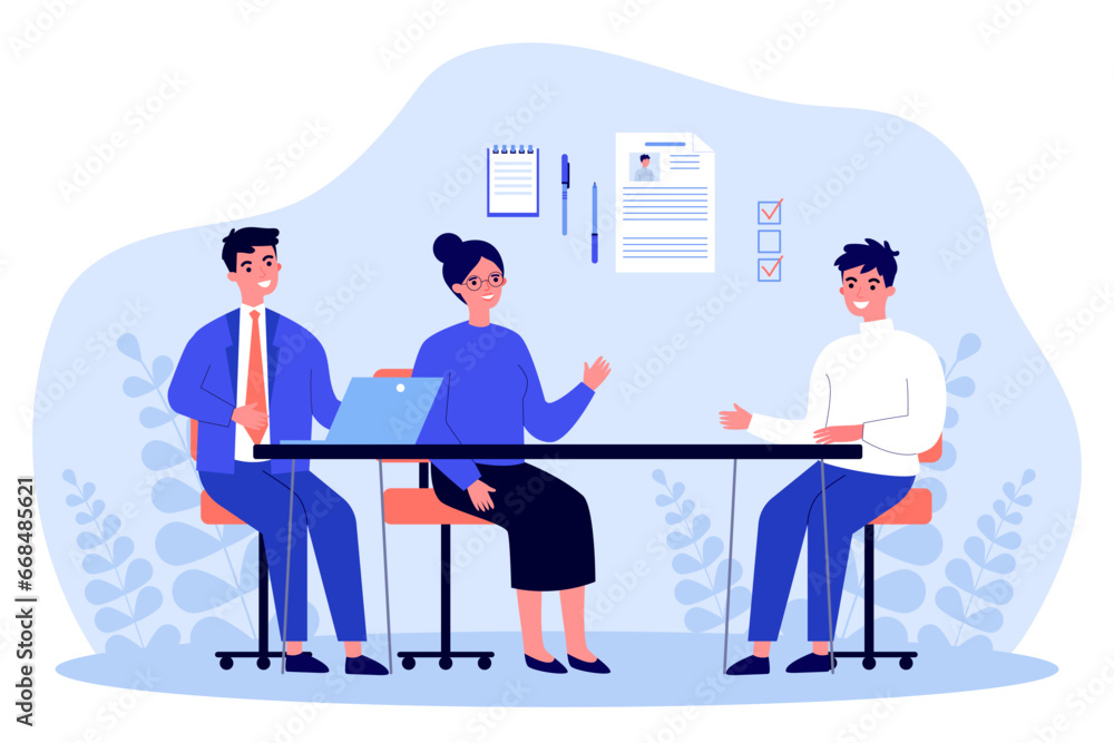 Job interview and HR concept. Vector illustration. Man and woman interviewing young man, asking questions, reviewing CV for vacant role. - obrazy, fototapety, plakaty 