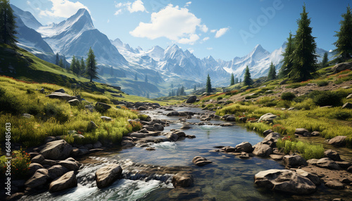 Majestic mountain peak reflects in tranquil flowing water, nature beauty generated by AI