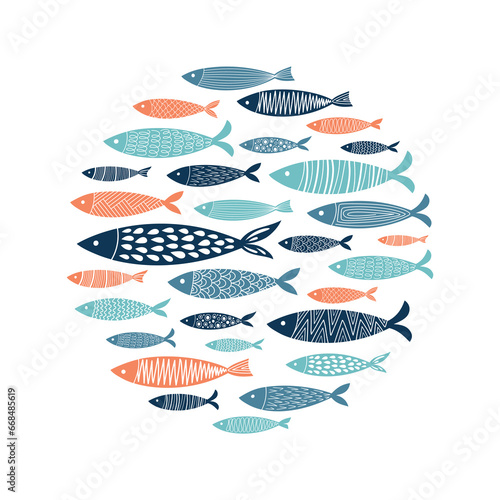Vectors of hand-drawn fish in a circular arrangement