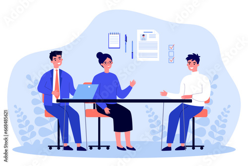 Job interview and HR concept. Vector illustration. Man and woman interviewing young man, asking questions, reviewing CV for vacant role.