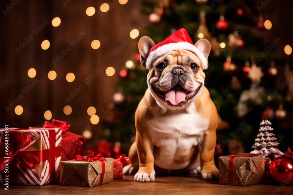 French bulldog wearing a Santa hat on a Christmas background. New Year and Christmas holidays concept