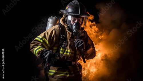 Firefighter in protective workwear battles dangerous flames, saving lives generated by AI © Stockgiu