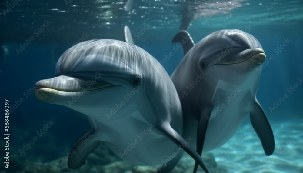Fototapeta premium Smiling dolphin swimming underwater, surrounded by blue sea life generated by AI