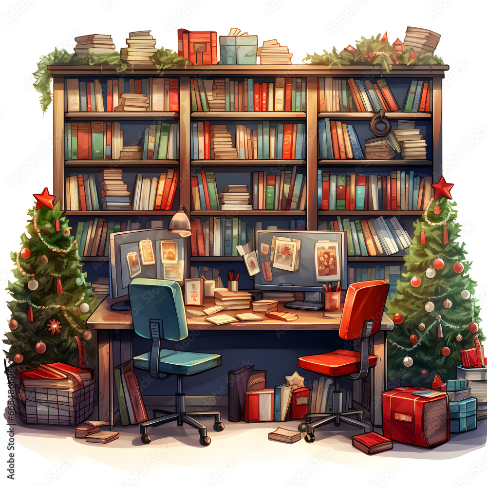 collection of library set, decorate for christmas season with red and green color, christmas watercolors, watercolor illustration