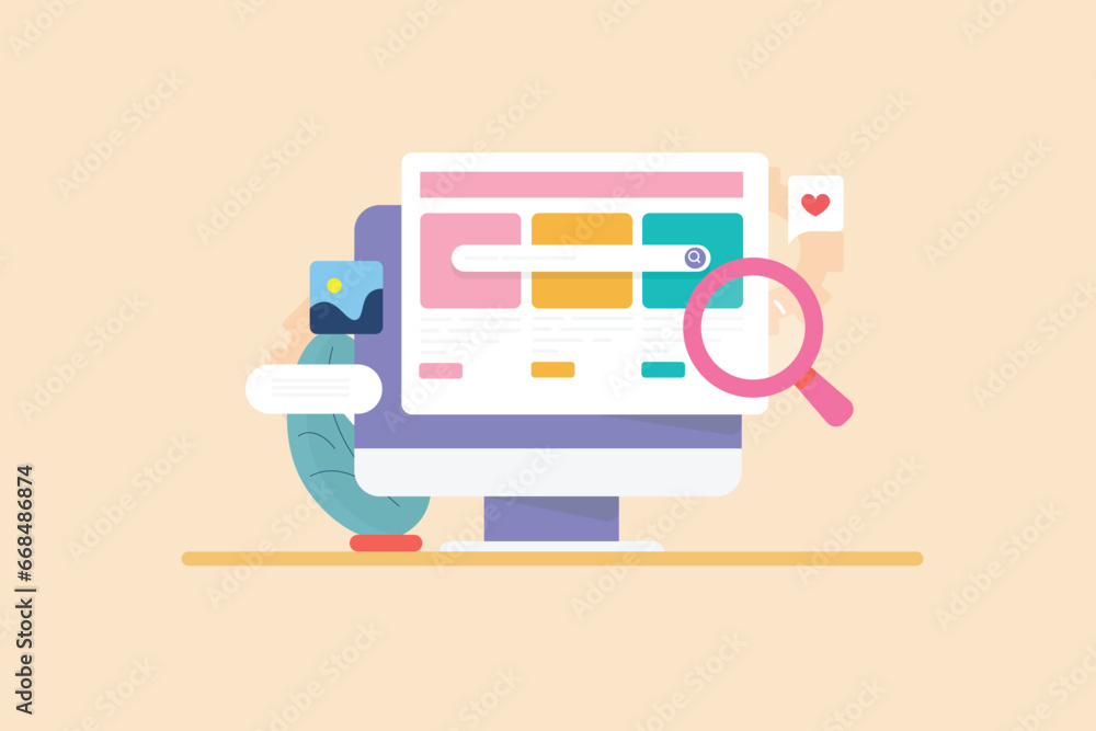Website on computer screen with magnifier, online business webpage data analytics, SEO optimization, conceptual marketing digital vector illustration template. Website on computer screen with magnifier, online business webpage data analytics, SEO optimization, conceptual marketing digital vector illustration template.