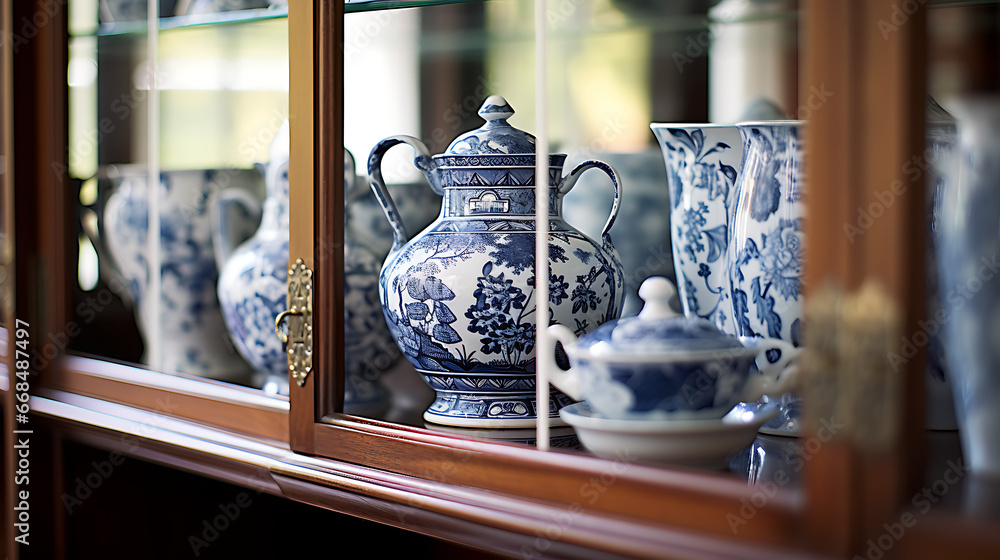 Close-up of Glass-Fronted China Cabinet Porcelain Inside