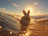 夕日の海で楽しそうに走るウサギ
