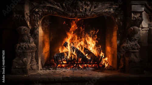 Flames Dancing in Stone Fireplace