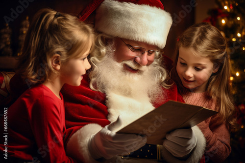 サンタクロースと子供が一緒に絵本を読む