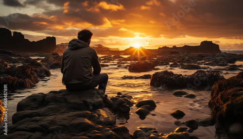 One man sitting on a rock, enjoying the sunset generated by AI