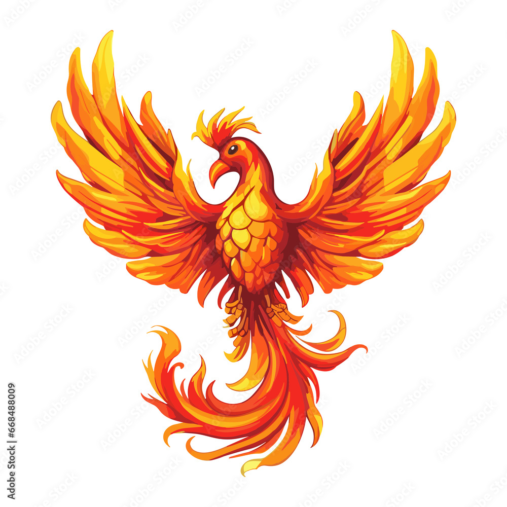 Majestic phoenix rising from the ashes with fiery plumage and wings spread wide sticker design, rebirth. Majestic phoenix rising from the ashes with fiery plumage and wings spread wide sticker design, rebirth.
