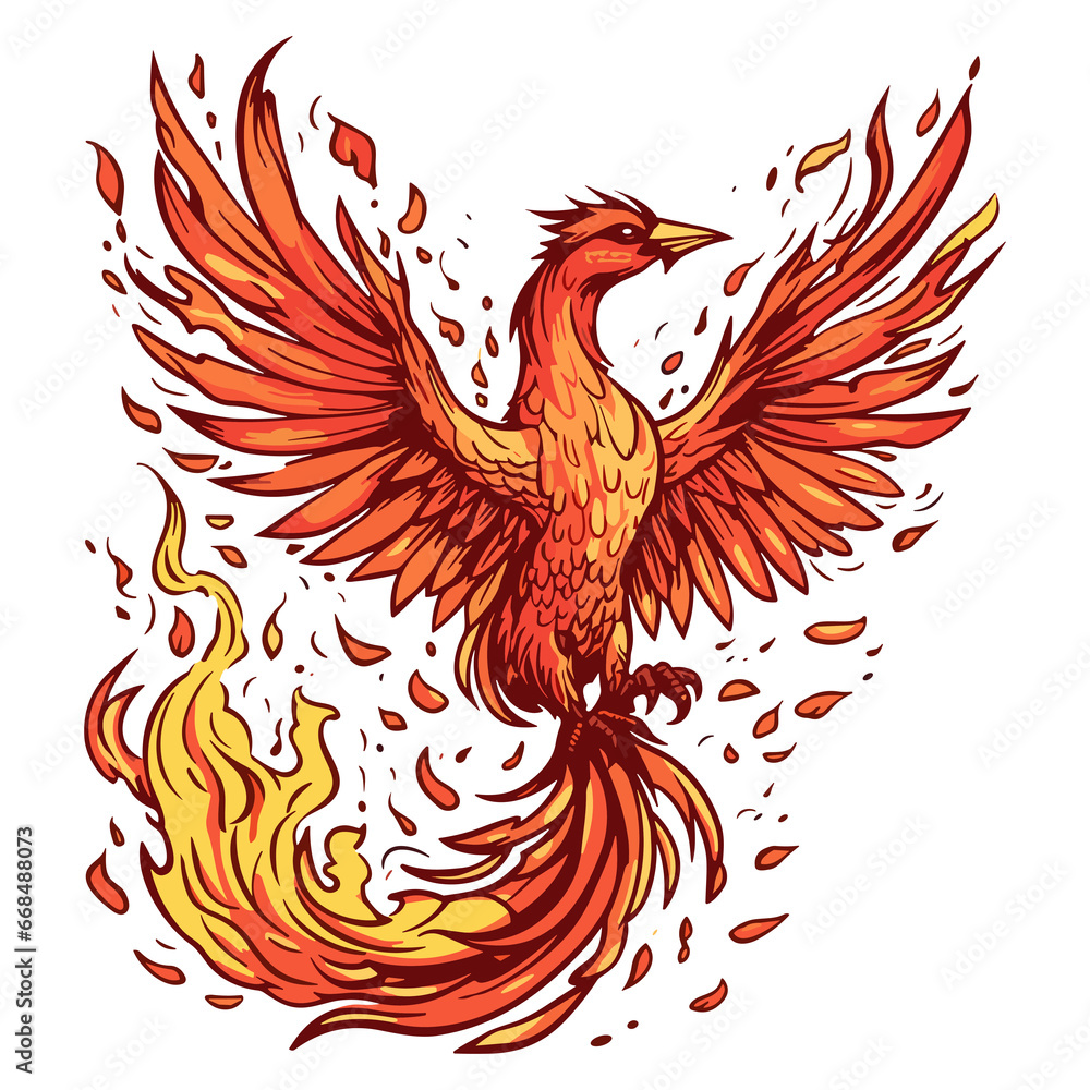 Majestic phoenix rising from the ashes with fiery plumage and wings spread wide sticker design, rebirth. Majestic phoenix rising from the ashes with fiery plumage and wings spread wide sticker design, rebirth.