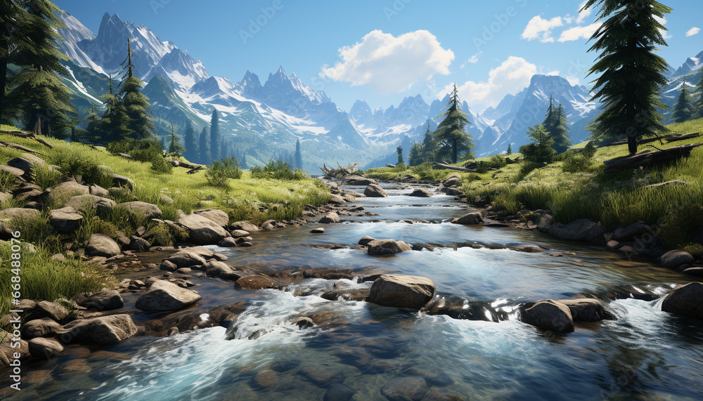 Majestic mountain range reflects tranquil sky, flowing water, and wilderness generated by AI