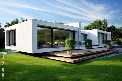 A modern minimalist house with green lawn © Kien