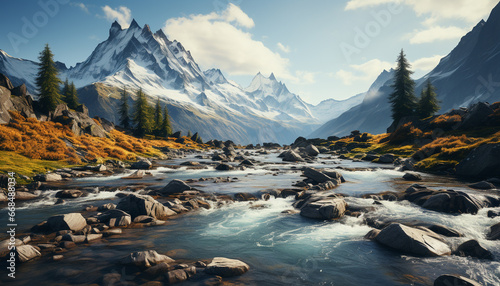 Majestic mountain peak, tranquil scene, blue sky, green meadow generated by AI