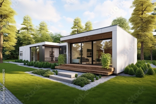 A modern minimalist house with green lawn © Kien