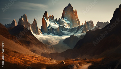 Majestic mountain peak, snow capped, sunset paints panoramic nature landscape generated by AI