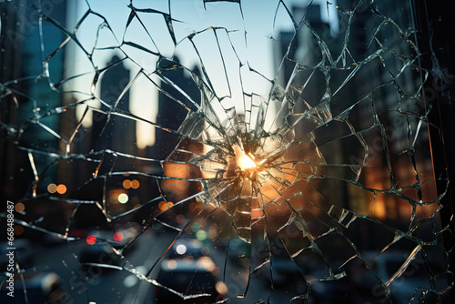 broken window reflection over city