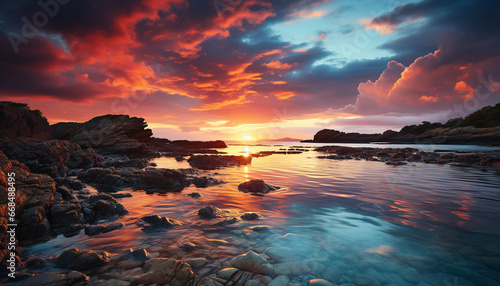 Sunset over the tranquil coastline, a breathtaking beauty in nature generated by AI