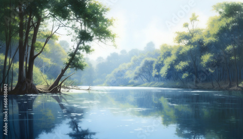 Tranquil scene of a lush forest reflecting in a peaceful pond generated by AI