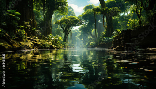 Tranquil scene green forest, reflecting pond, flowing water, peaceful animals generated by AI